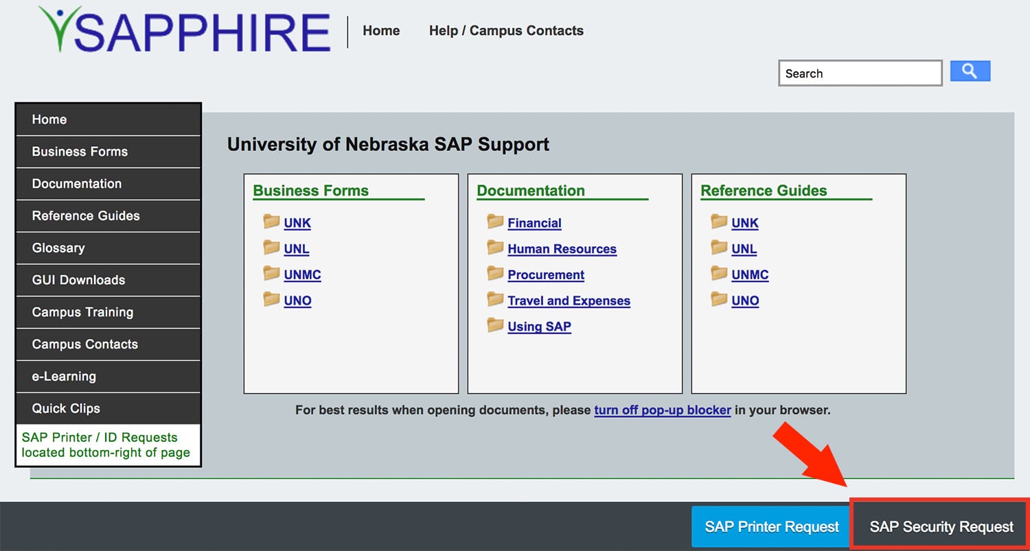 screenshot of location of SAP Security Request button on Sapphire